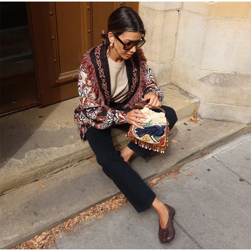 Women's Boho Print Knit Cardigan Top Fringe Trim Belted Long Sleeve Sweater Lace-up Coat 2025 New High Street Outerwear Outfit