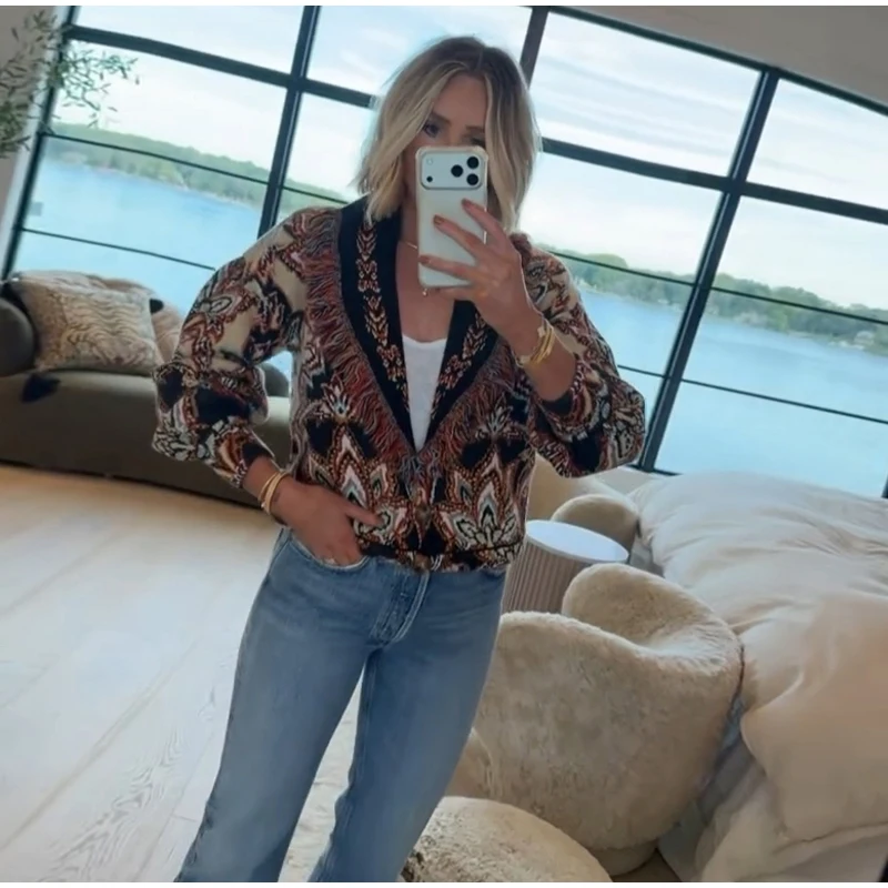 Women's Boho Print Knit Cardigan Top Fringe Trim Belted Long Sleeve Sweater Lace-up Coat 2025 New High Street Outerwear Outfit