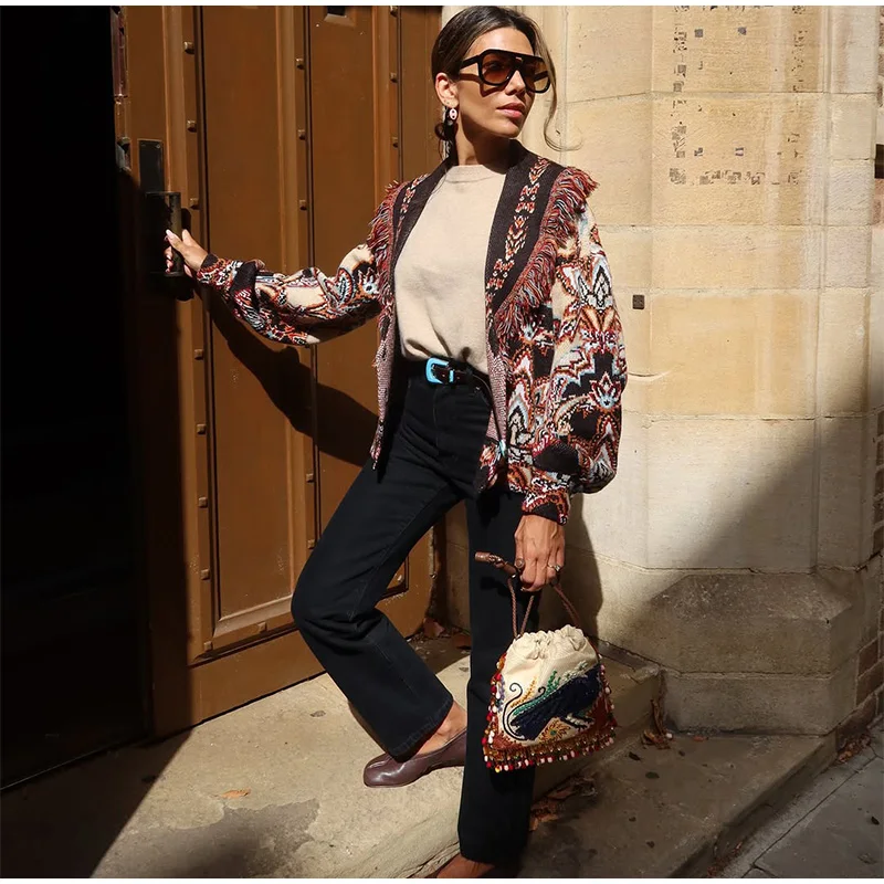 Women's Boho Print Knit Cardigan Top Fringe Trim Belted Long Sleeve Sweater Lace-up Coat 2025 New High Street Outerwear Outfit
