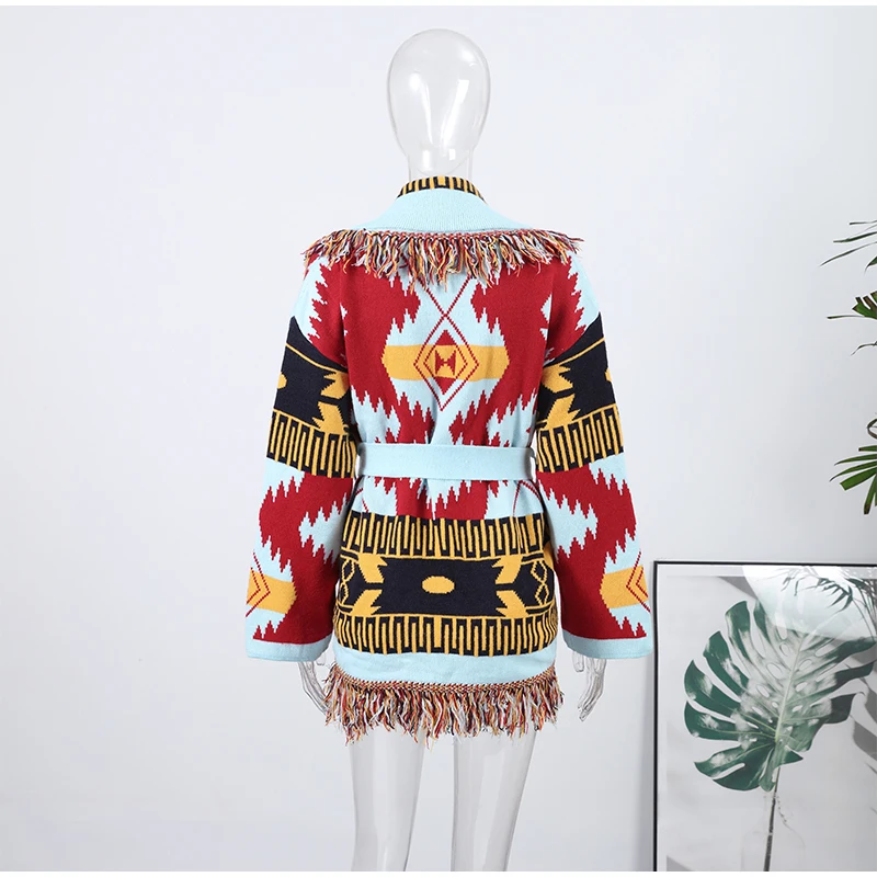 Women's Boho Print Knit Cardigan Top Fringe Trim Belted Long Sleeve Sweater Lace-up Coat 2025 New High Street Outerwear Outfit
