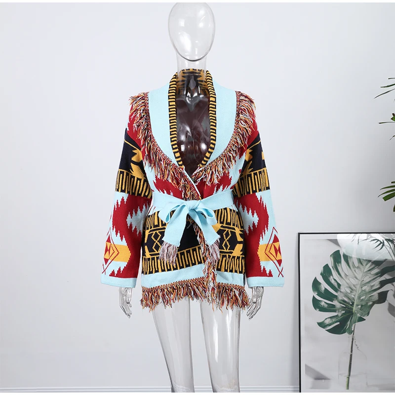 Women's Boho Print Knit Cardigan Top Fringe Trim Belted Long Sleeve Sweater Lace-up Coat 2025 New High Street Outerwear Outfit