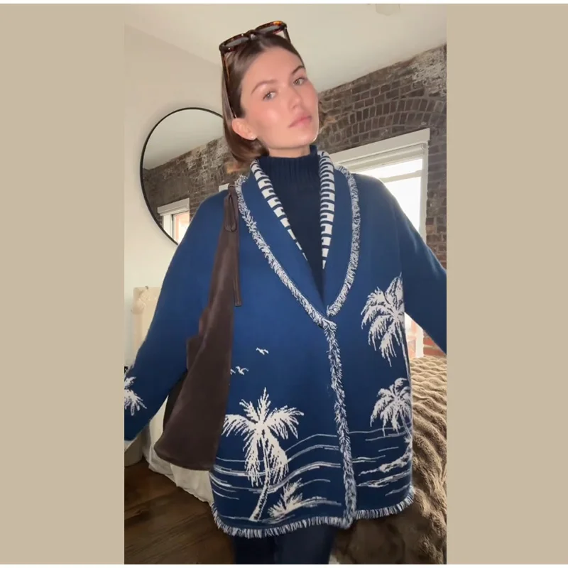 Women's Boho Print Knit Cardigan Top Fringe Trim Belted Long Sleeve Sweater Lace-up Coat 2025 New High Street Outerwear Outfit