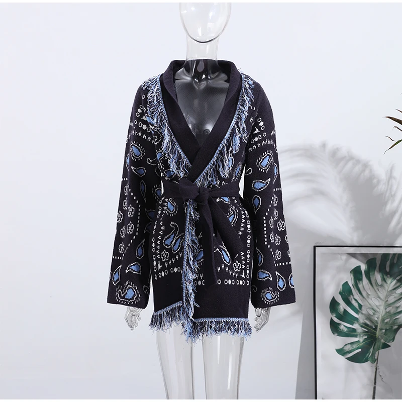 Women's Boho Print Knit Cardigan Top Fringe Trim Belted Long Sleeve Sweater Lace-up Coat 2025 New High Street Outerwear Outfit