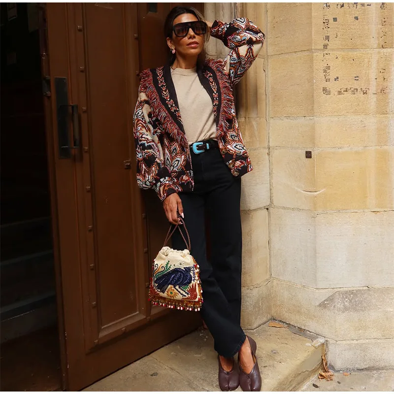 Women's Boho Print Knit Cardigan Top Fringe Trim Belted Long Sleeve Sweater Lace-up Coat 2025 New High Street Outerwear Outfit