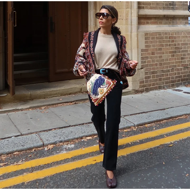 Women's Boho Print Knit Cardigan Top Fringe Trim Belted Long Sleeve Sweater Lace-up Coat 2025 New High Street Outerwear Outfit
