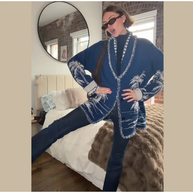 Women's Boho Print Knit Cardigan Top Fringe Trim Belted Long Sleeve Sweater Lace-up Coat 2025 New High Street Outerwear Outfit