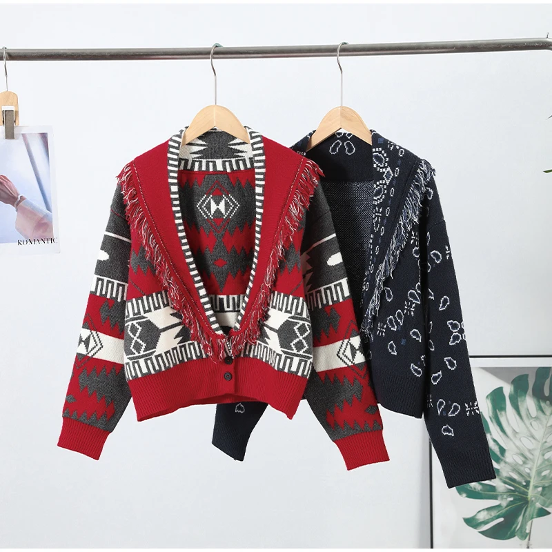 Women's Boho Print Knit Cardigan Top Fringe Trim Belted Long Sleeve Sweater Lace-up Coat 2025 New High Street Outerwear Outfit