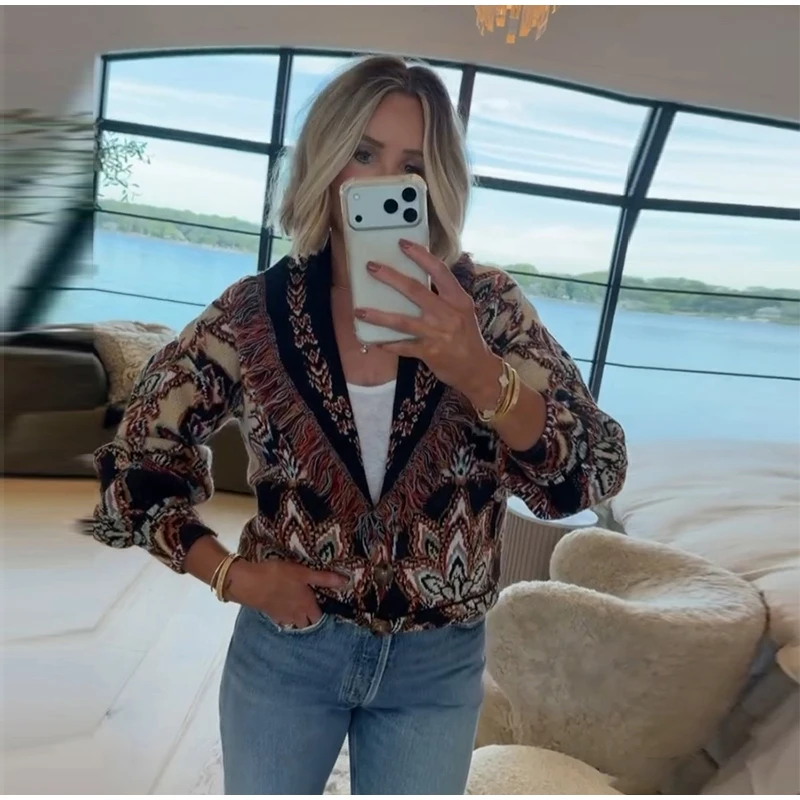 Women's Boho Print Knit Cardigan Top Fringe Trim Belted Long Sleeve Sweater Lace-up Coat 2025 New High Street Outerwear Outfit