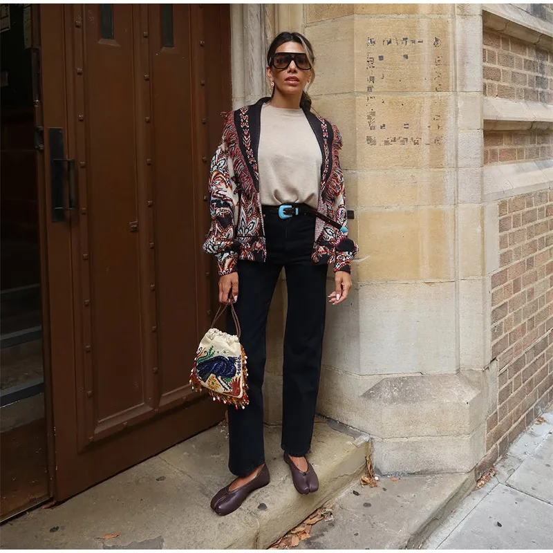 Women's Boho Print Knit Cardigan Top Fringe Trim Belted Long Sleeve Sweater Lace-up Coat 2025 New High Street Outerwear Outfit