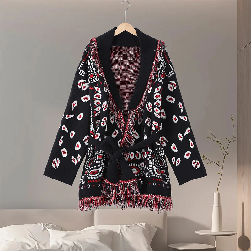 Casual Printed Cardigans Women Tassel Lace Up V-neck Full Sleeve Loose Knit Coat Female 2026 Autumn Fashion Lady Outwears