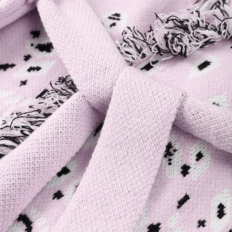 Casual Printed Cardigans Women Tassel Lace Up V-neck Full Sleeve Loose Knit Coat Female 2026 Autumn Fashion Lady Outwears