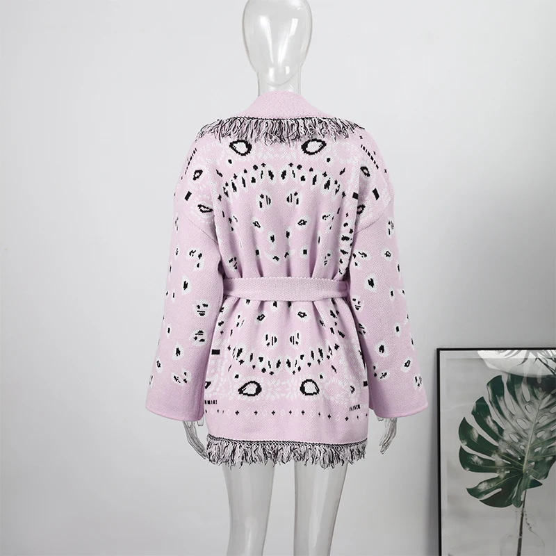 Casual Printed Cardigans Women Tassel Lace Up V-neck Full Sleeve Loose Knit Coat Female 2026 Autumn Fashion Lady Outwears