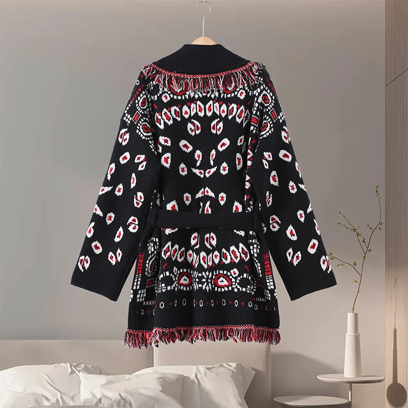 Casual Printed Cardigans Women Tassel Lace Up V-neck Full Sleeve Loose Knit Coat Female 2026 Autumn Fashion Lady Outwears