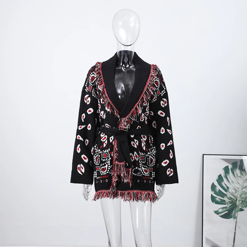 Casual Printed Cardigans Women Tassel Lace Up V-neck Full Sleeve Loose Knit Coat Female 2026 Autumn Fashion Lady Outwears
