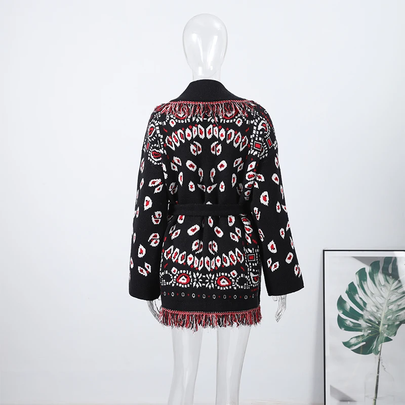 Casual Printed Cardigans Women Tassel Lace Up V-neck Full Sleeve Loose Knit Coat Female 2026 Autumn Fashion Lady Outwears