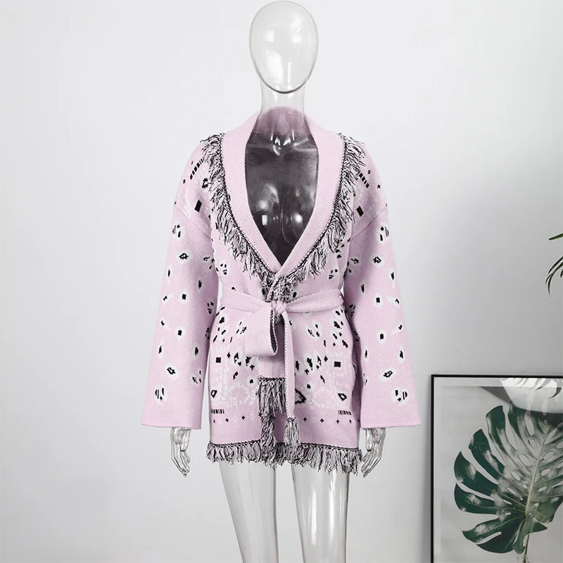 Casual Printed Cardigans Women Tassel Lace Up V-neck Full Sleeve Loose Knit Coat Female 2026 Autumn Fashion Lady Outwears
