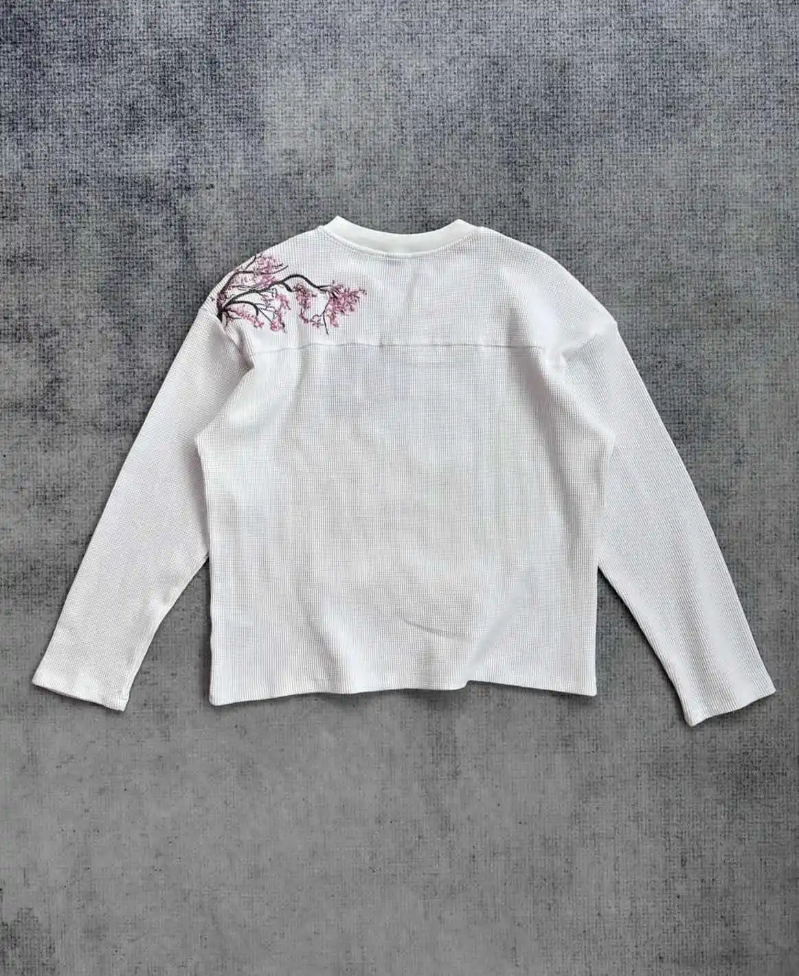 Deeptown White Cherry Blossom Embroidery Man Women T-Shirts Long Sleeve Oversized Waffle Tees Basic Harajuku Casual Streetwear