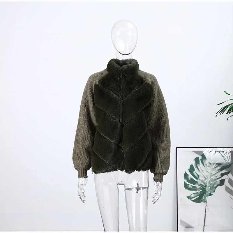 Patchwork Faux Fur Cardigan Women's Stand Collar Zipper Long Sleeve Fluffy Coat High Street Fashion Autumn Winter 2026 Sweater