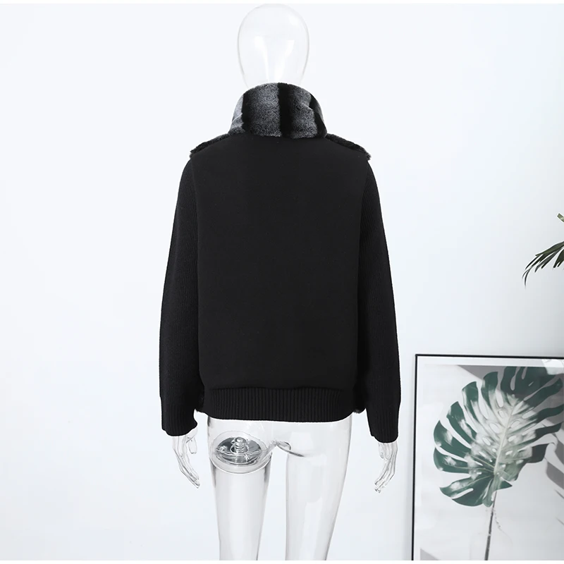 Patchwork Faux Fur Cardigan Women's Stand Collar Zipper Long Sleeve Fluffy Coat High Street Fashion Autumn Winter 2026 Sweater