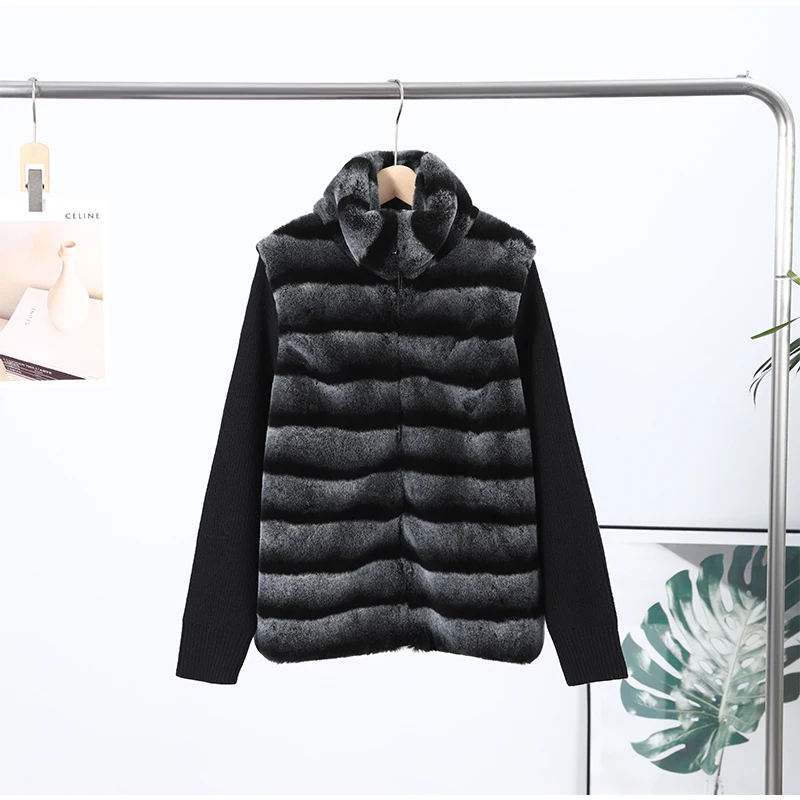Patchwork Faux Fur Cardigan Women's Stand Collar Zipper Long Sleeve Fluffy Coat High Street Fashion Autumn Winter 2026 Sweater