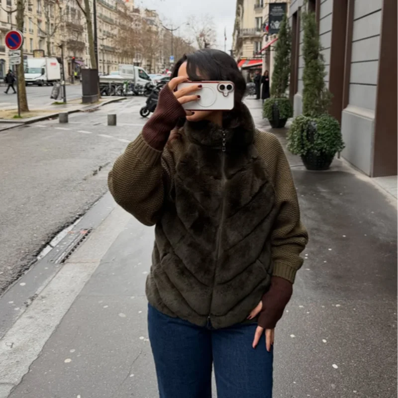 Patchwork Faux Fur Cardigan Women's Stand Collar Zipper Long Sleeve Fluffy Coat High Street Fashion Autumn Winter 2026 Sweater