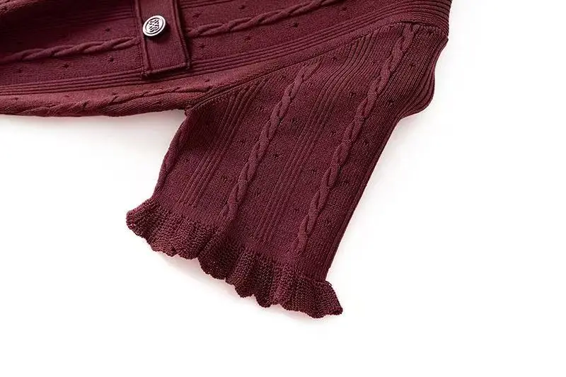 Vintage Cable Knit Midi Dress Button Front Ruffled Short Sleeve Pocket Design Elegant Party Casual Knitted Dress