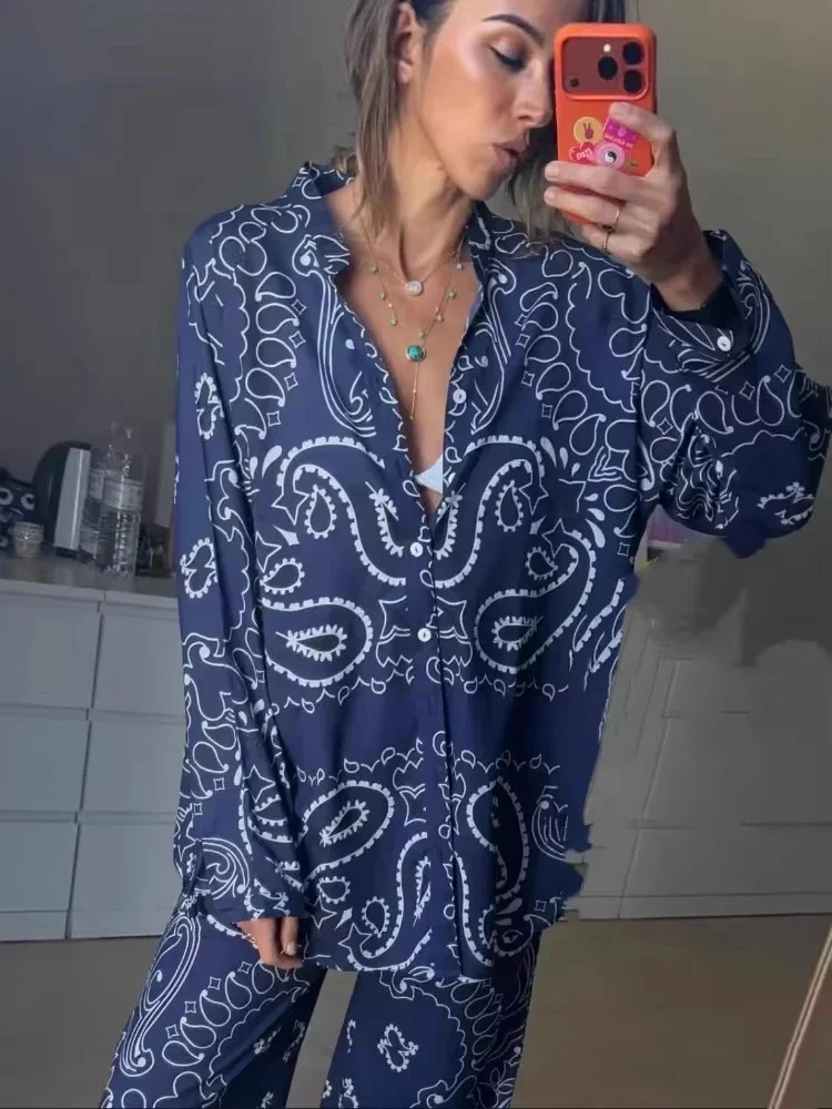 Printing Shirt Two Piece Set Full Sleeves Single Breasted Blouse Pants Casual Vacation Outfit for Women