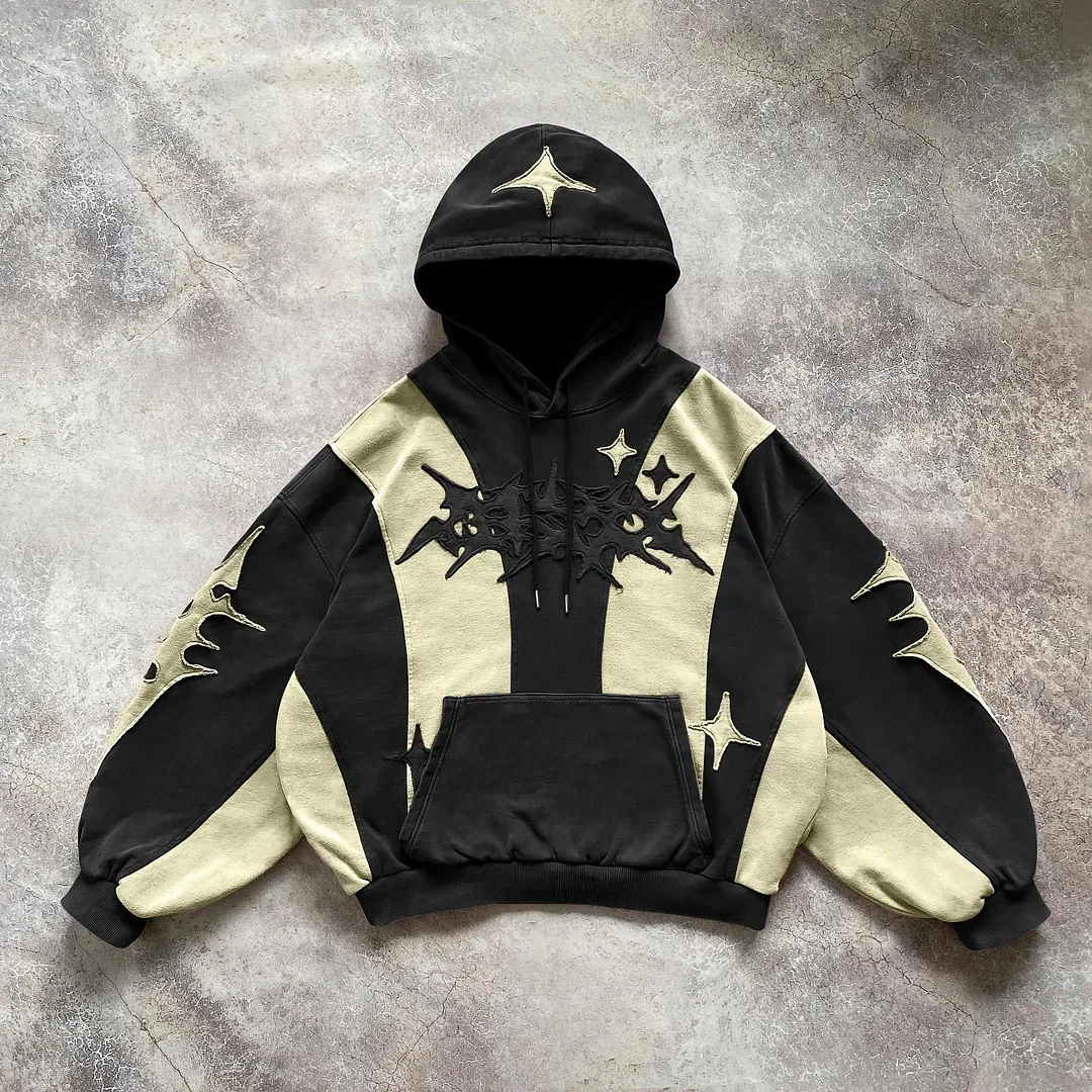 Fashion Color Matching Creative Pattern Patchwork American Harajuku Pullover 2000s Street Rock Vitality Long Sleeve Loose Hoodie