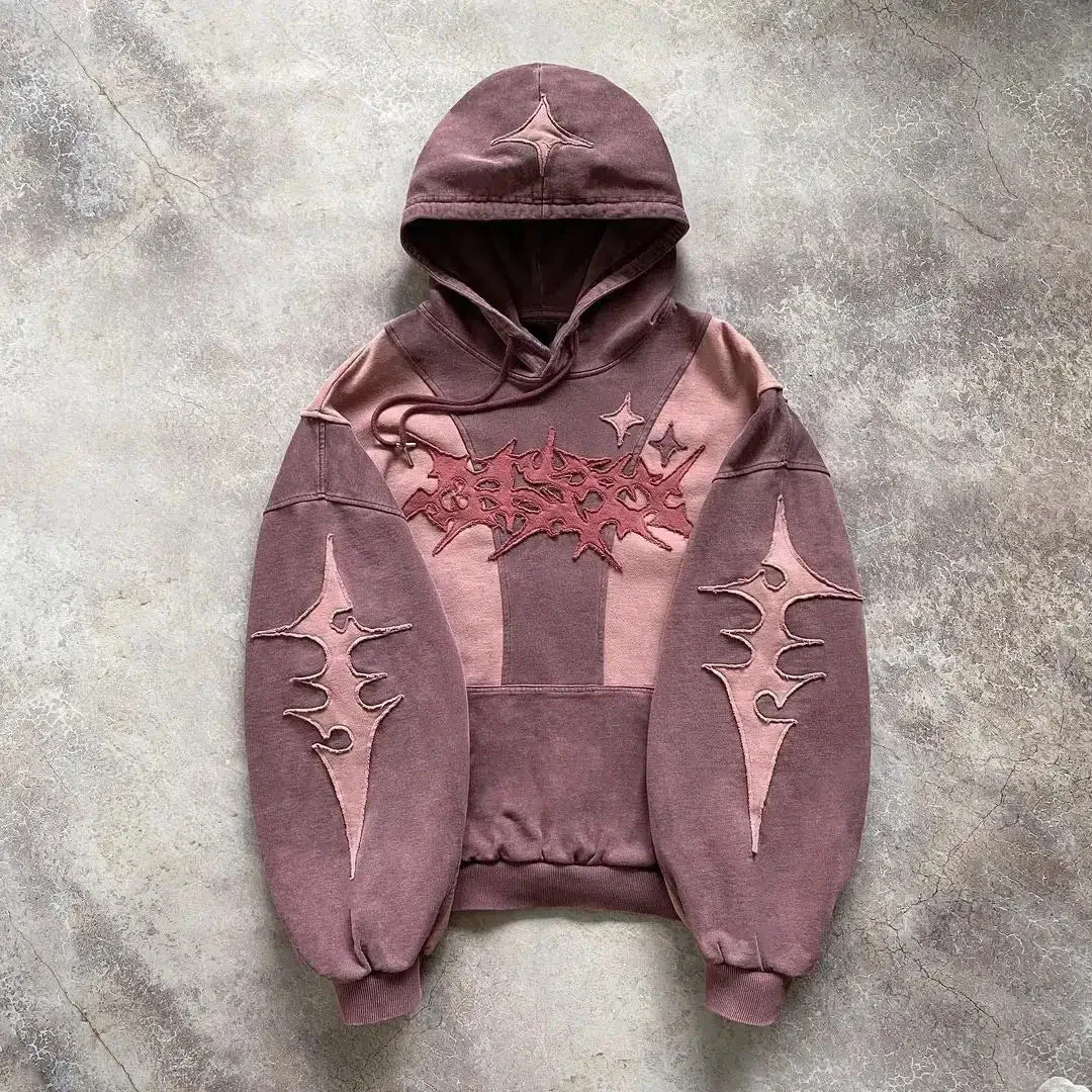 Fashion Color Matching Creative Pattern Patchwork American Harajuku Pullover 2000s Street Rock Vitality Long Sleeve Loose Hoodie