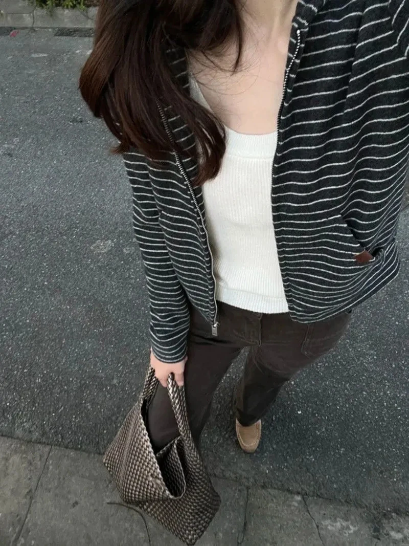 Striped Hooded Sweatshirt Women Long Sleeve Korean Zip Sportswear Spring Fall Loose Casual Harajuku Y2K Preppy Style Coat