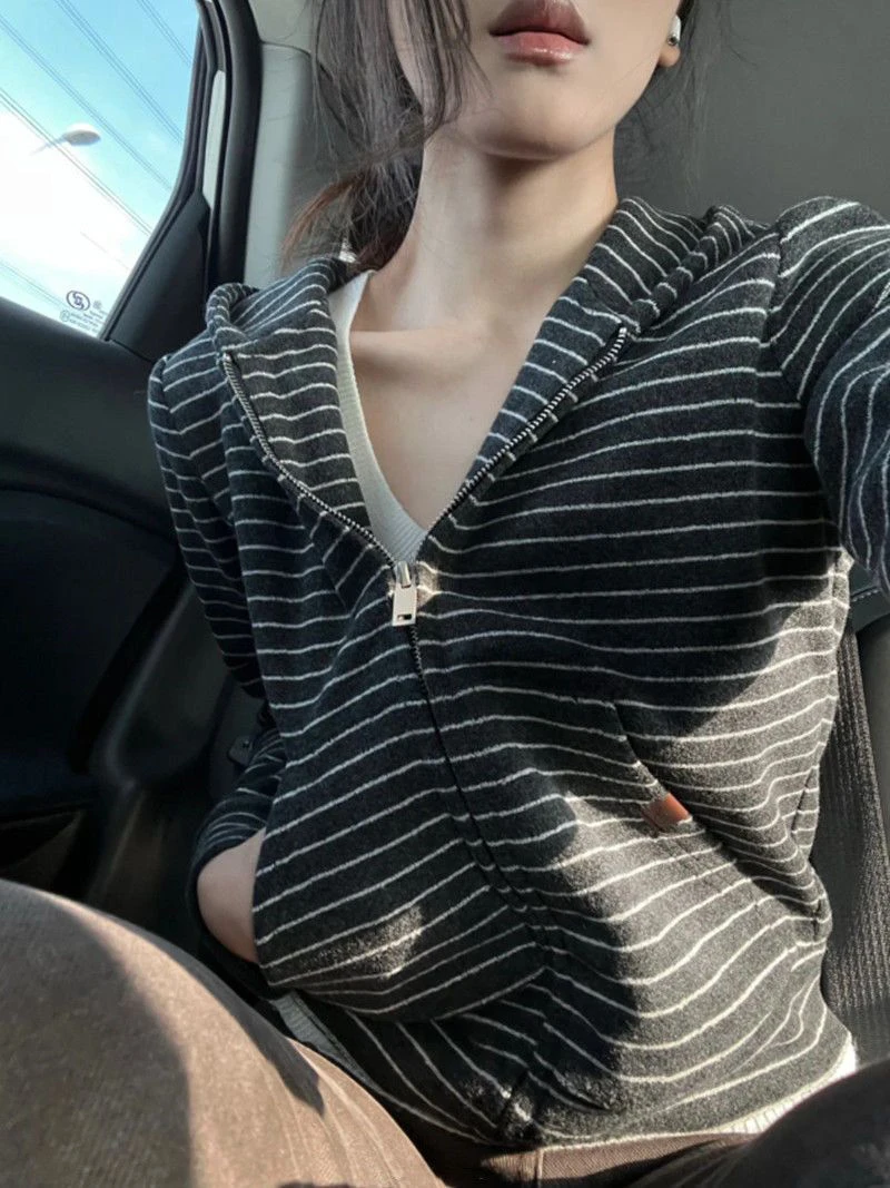 Striped Hooded Sweatshirt Women Long Sleeve Korean Zip Sportswear Spring Fall Loose Casual Harajuku Y2K Preppy Style Coat