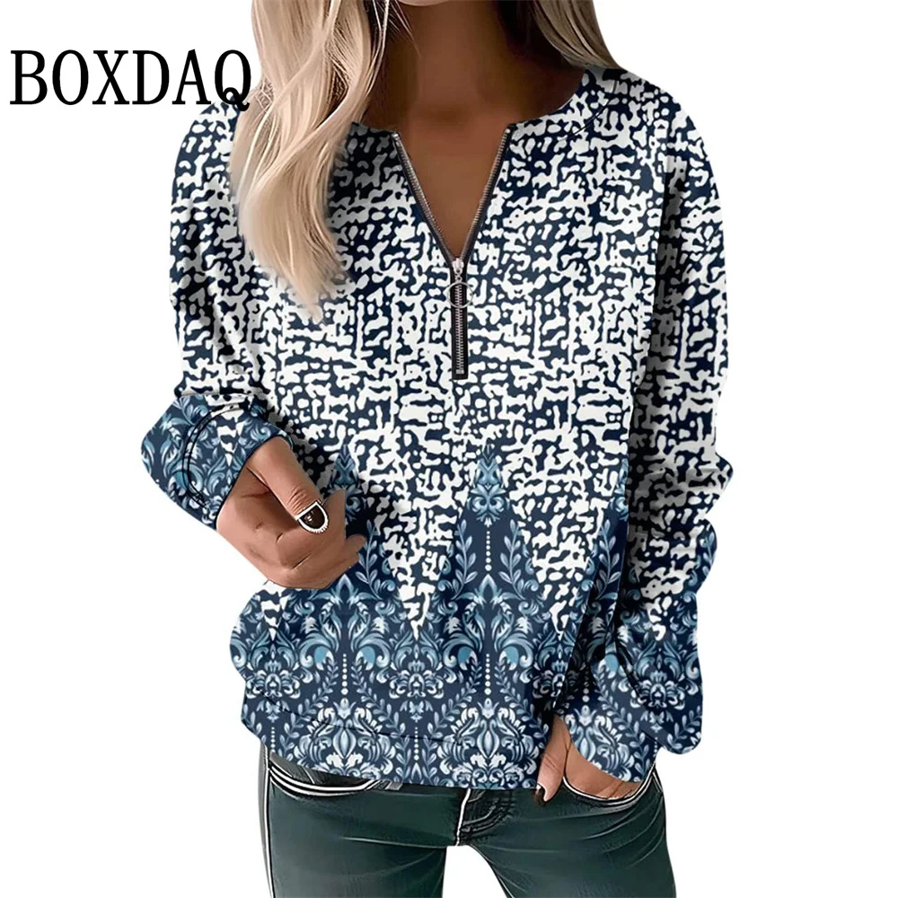 2025 Autumn Winter Sweatshirts Women Plaid Geometry Pattern Printed Long Sleeve Hoodies Casual Loose Zipper V-Neck Pullover Tops
