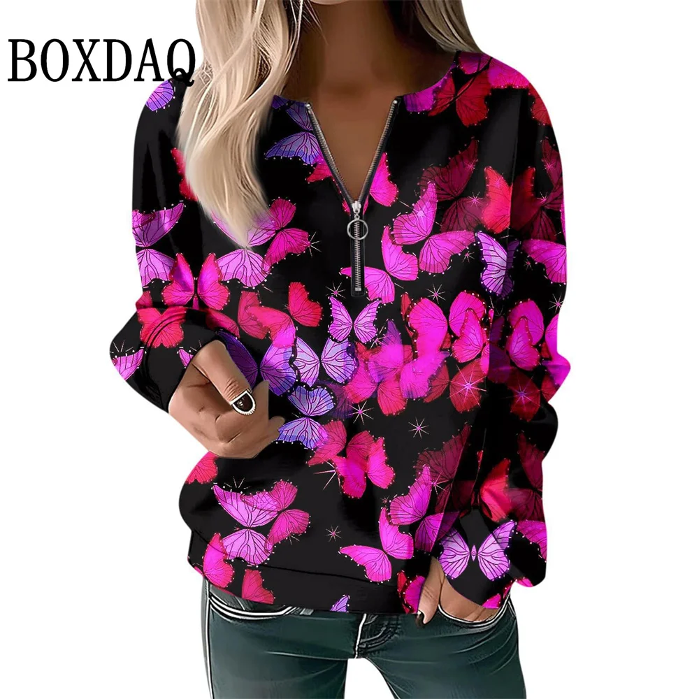 2025 Autumn Winter Sweatshirts Women Plaid Geometry Pattern Printed Long Sleeve Hoodies Casual Loose Zipper V-Neck Pullover Tops