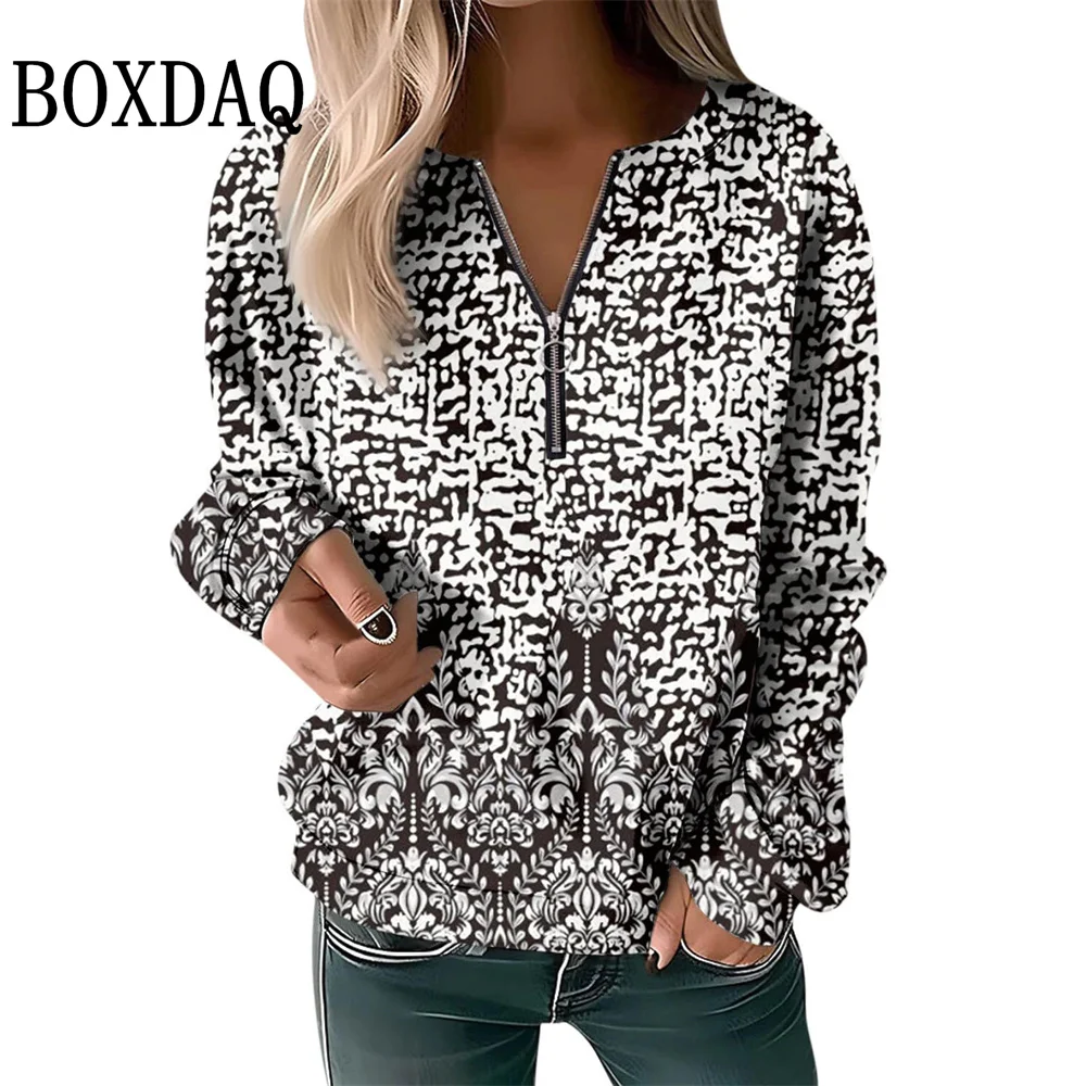 2025 Autumn Winter Sweatshirts Women Plaid Geometry Pattern Printed Long Sleeve Hoodies Casual Loose Zipper V-Neck Pullover Tops