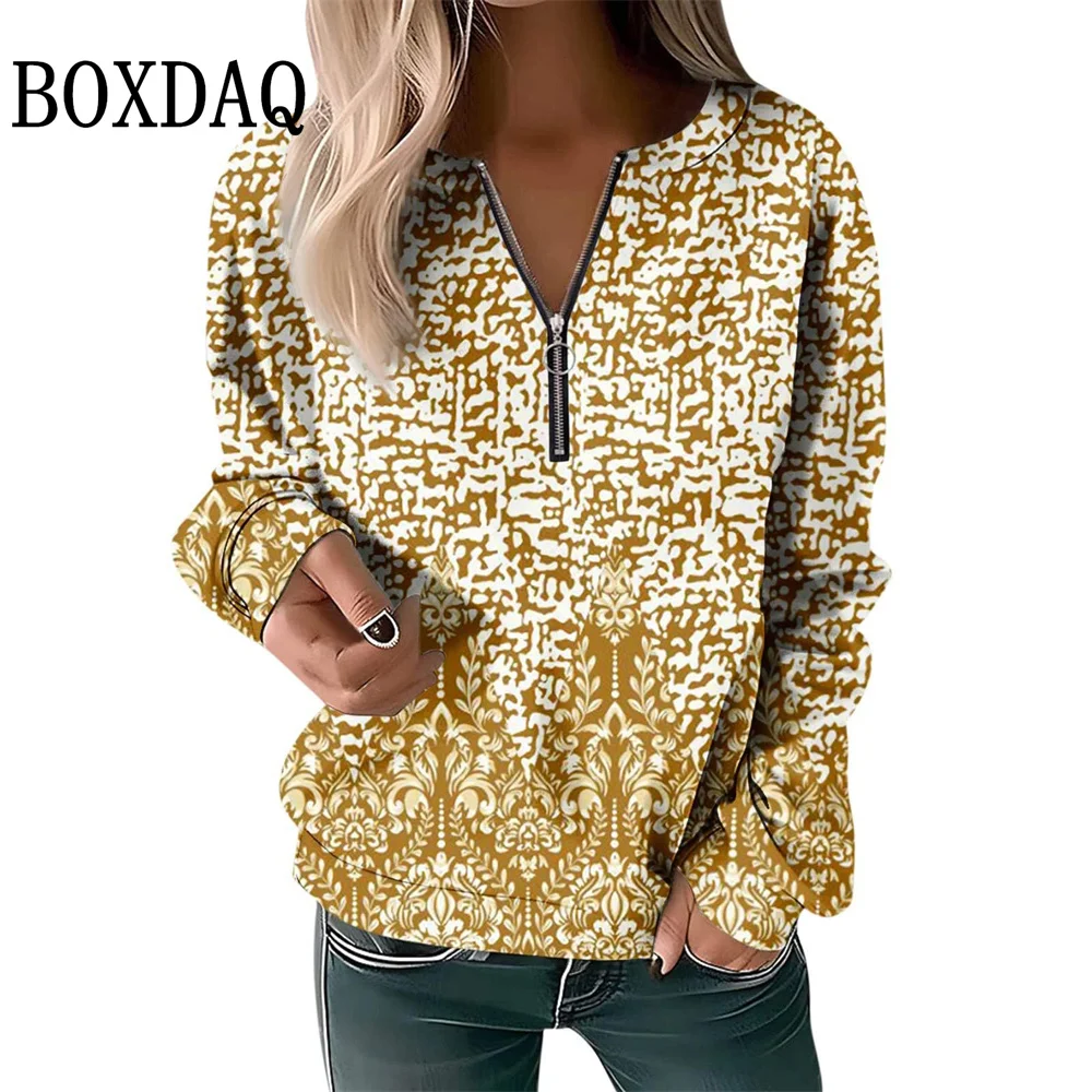 2025 Autumn Winter Sweatshirts Women Plaid Geometry Pattern Printed Long Sleeve Hoodies Casual Loose Zipper V-Neck Pullover Tops