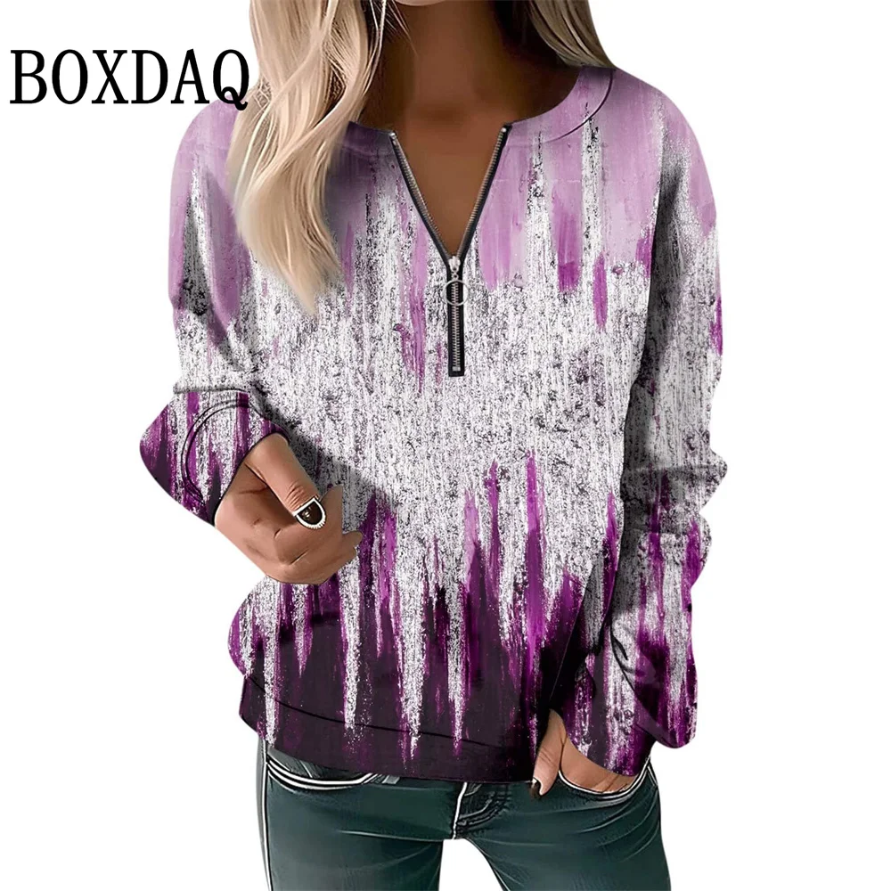 2025 Autumn Winter Sweatshirts Women Plaid Geometry Pattern Printed Long Sleeve Hoodies Casual Loose Zipper V-Neck Pullover Tops