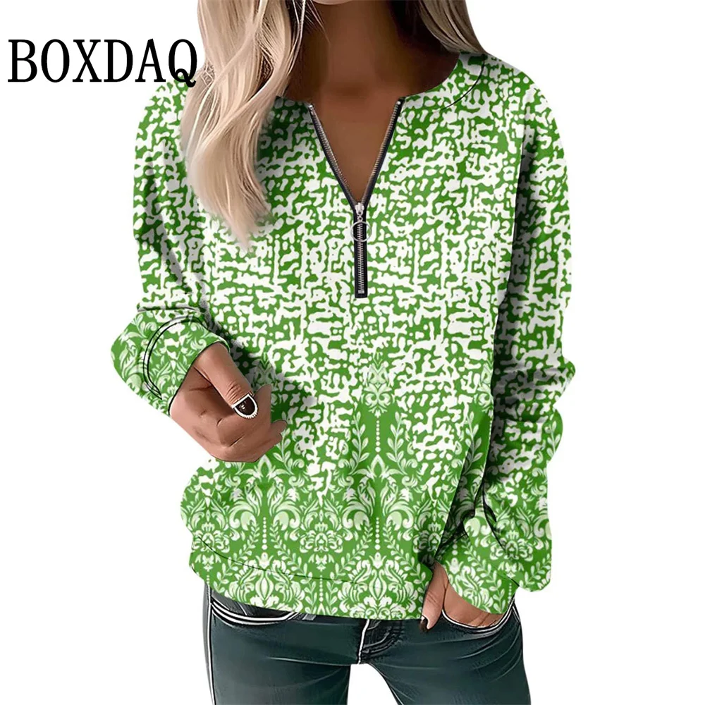 2025 Autumn Winter Sweatshirts Women Plaid Geometry Pattern Printed Long Sleeve Hoodies Casual Loose Zipper V-Neck Pullover Tops