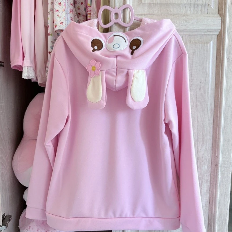 Japanese Cartoon Embroidery Cute Hoodies Y2k Aesthetic Women Kawaii Rabbit Ear Hooded Sweatshirts Causal Pink Tops Hoody Coat
