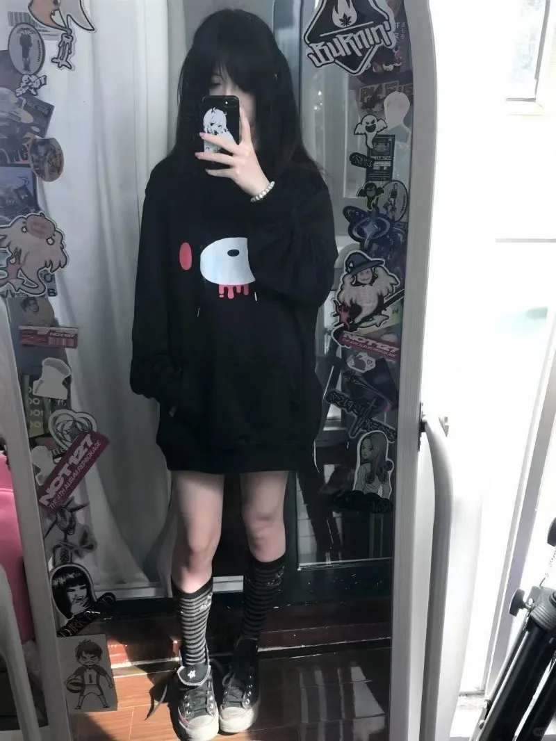 Autumn Lazy Women Casaul Gothic Sweatshirt Y2k Aesthetic Japanese Cartoon Print High Street Hoodied Harajuku Punk Clothes