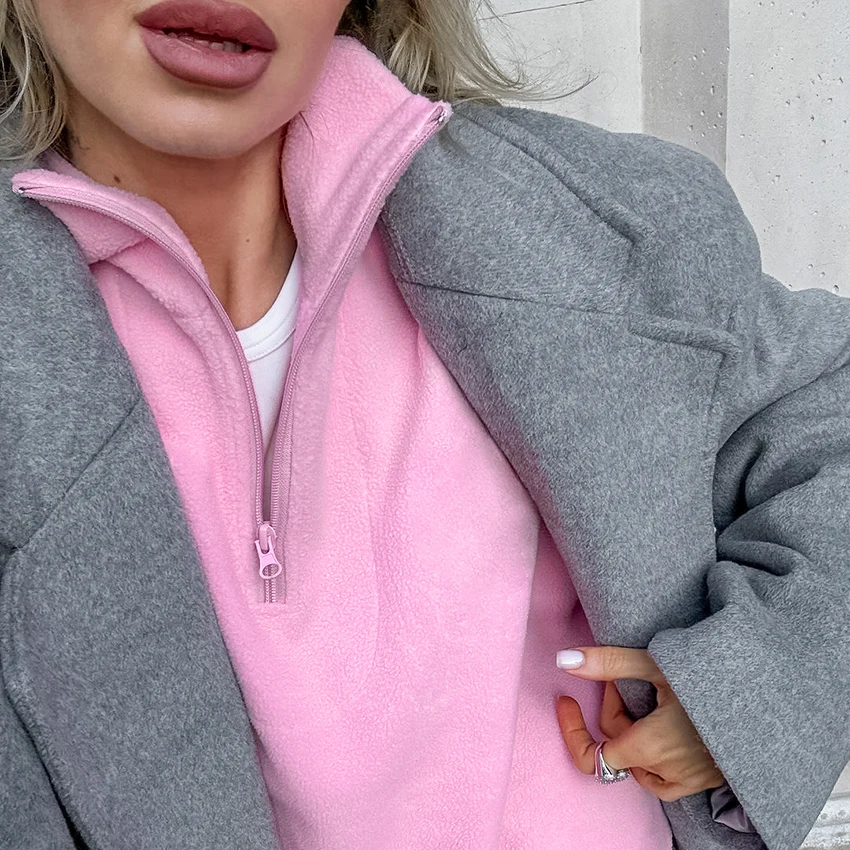 Linad 2025 Street Chic Pink Zipper Sweatshirt Female Spring Casual Long Sleeve Ladies Tops Fashion Loose Berber Fleece Shirt