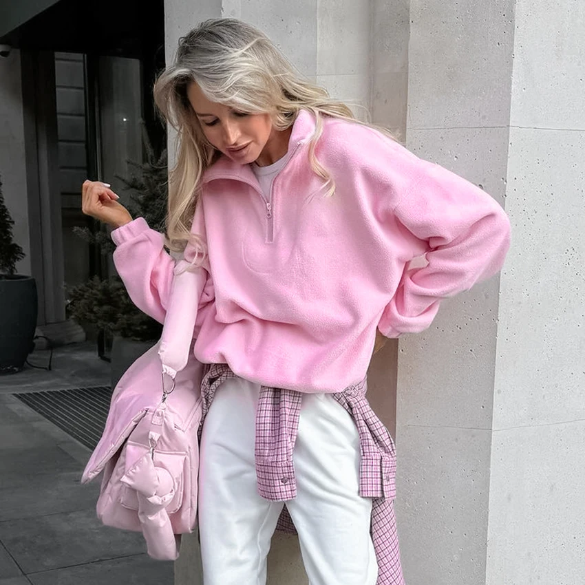 Linad 2025 Street Chic Pink Zipper Sweatshirt Female Spring Casual Long Sleeve Ladies Tops Fashion Loose Berber Fleece Shirt