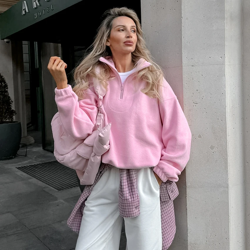 Linad 2025 Street Chic Pink Zipper Sweatshirt Female Spring Casual Long Sleeve Ladies Tops Fashion Loose Berber Fleece Shirt