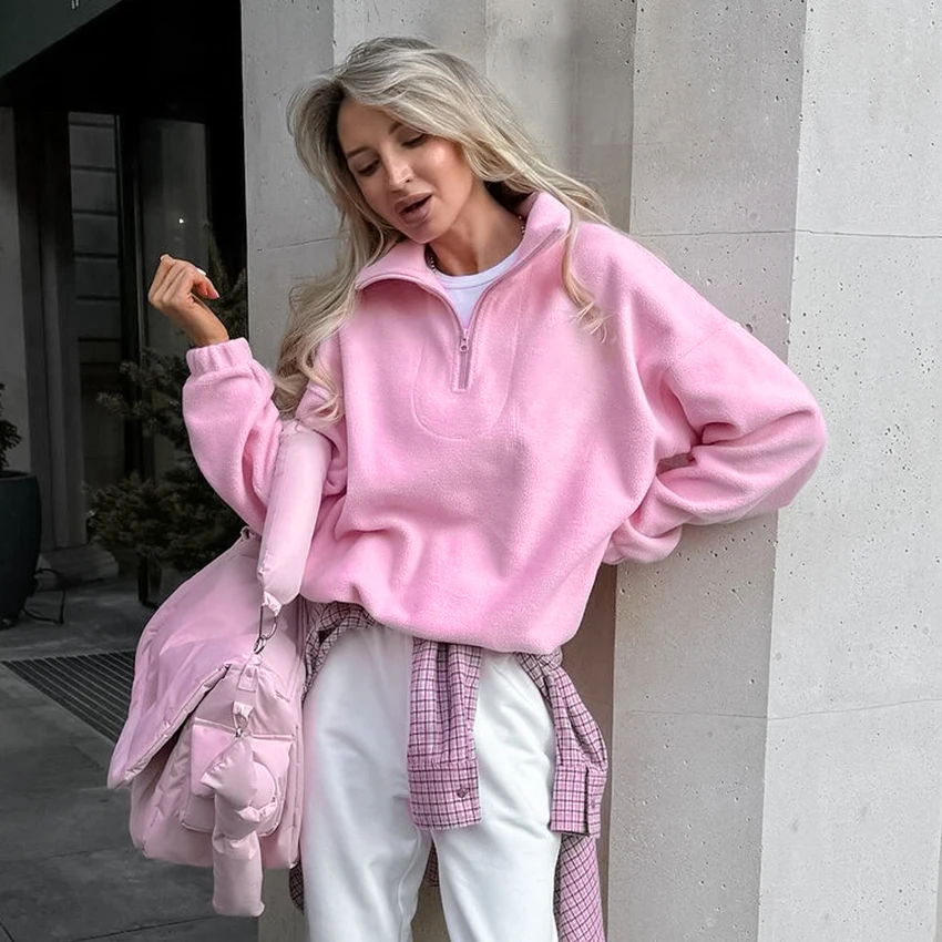 Linad 2025 Street Chic Pink Zipper Sweatshirt Female Spring Casual Long Sleeve Ladies Tops Fashion Loose Berber Fleece Shirt