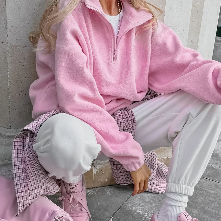 Linad 2025 Street Chic Pink Zipper Sweatshirt Female Spring Casual Long Sleeve Ladies Tops Fashion Loose Berber Fleece Shirt