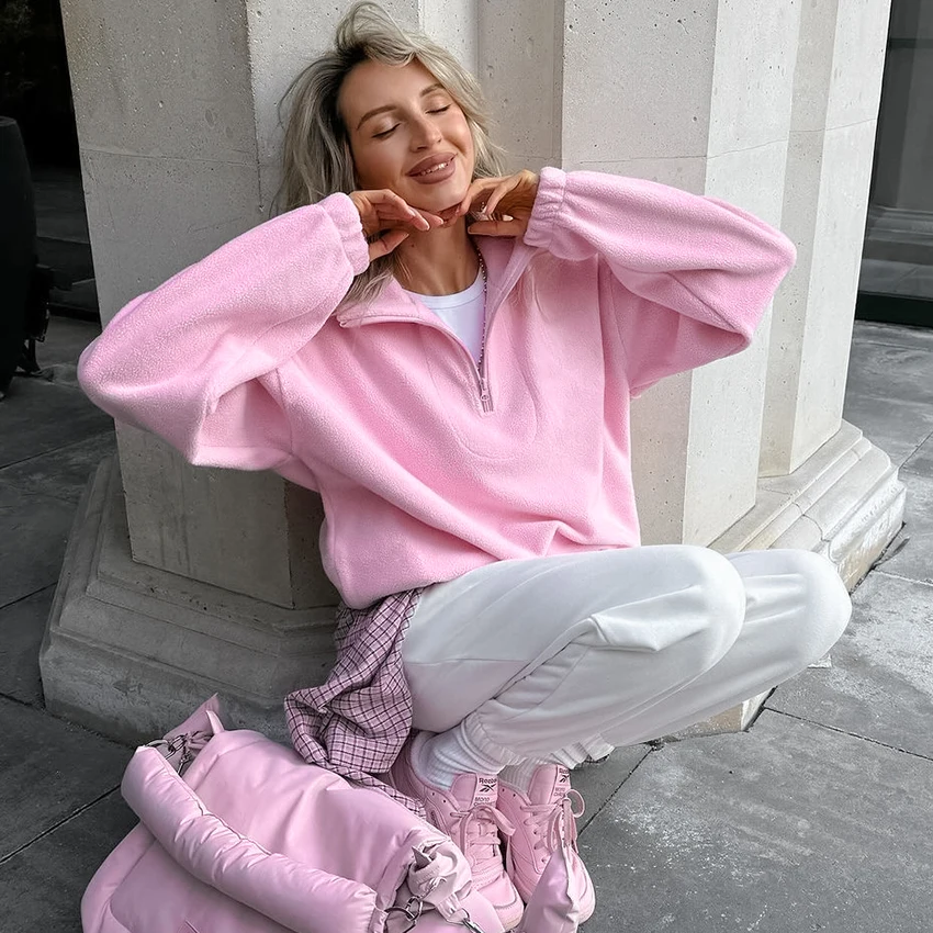 Linad 2025 Street Chic Pink Zipper Sweatshirt Female Spring Casual Long Sleeve Ladies Tops Fashion Loose Berber Fleece Shirt