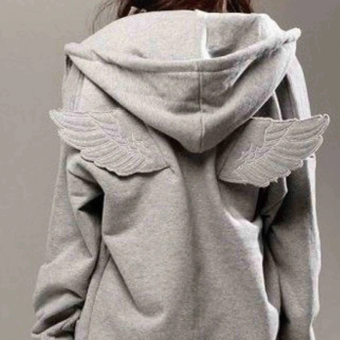 Women Grey Angel Wing Embroidered Hoodie Cute Kawaii Pullover Sweatshirt Wing Decoration Back Y2K Street Harajuku Loose Pullover