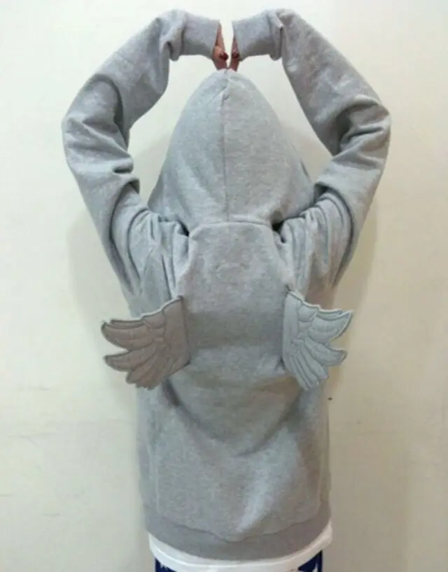 Women Grey Angel Wing Embroidered Hoodie Cute Kawaii Pullover Sweatshirt Wing Decoration Back Y2K Street Harajuku Loose Pullover