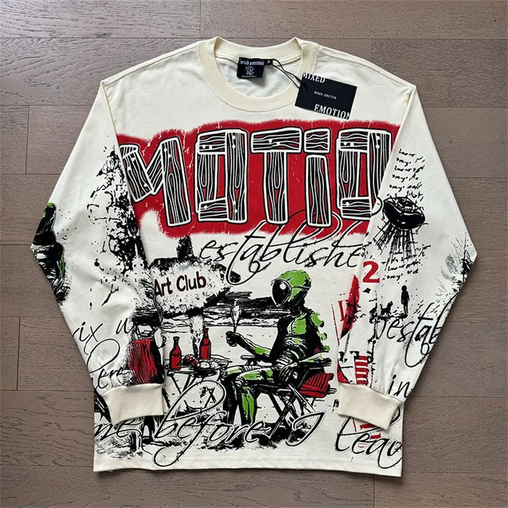 MIXED EMOTION Long Sleeve T-shirt Men Women High Street Full Print 100% Cotton Crewneck Hip Hop Oversized Tops