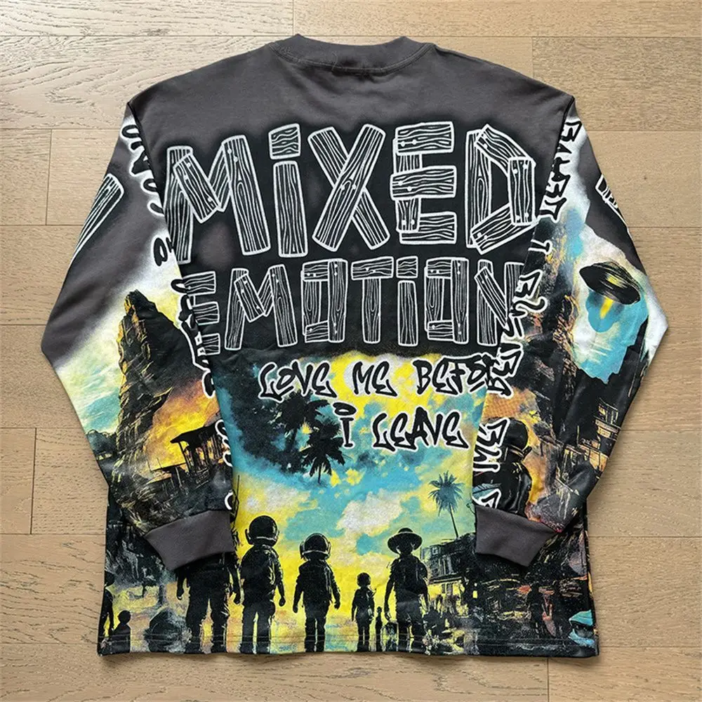 MIXED EMOTION Long Sleeve T-shirt Men Women High Street Full Print 100% Cotton Crewneck Hip Hop Oversized Tops