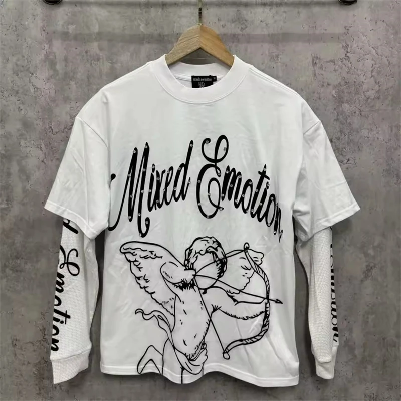 MIXED EMOTION Long Sleeve T-shirt Men Women High Street Full Print 100% Cotton Crewneck Hip Hop Oversized Tops